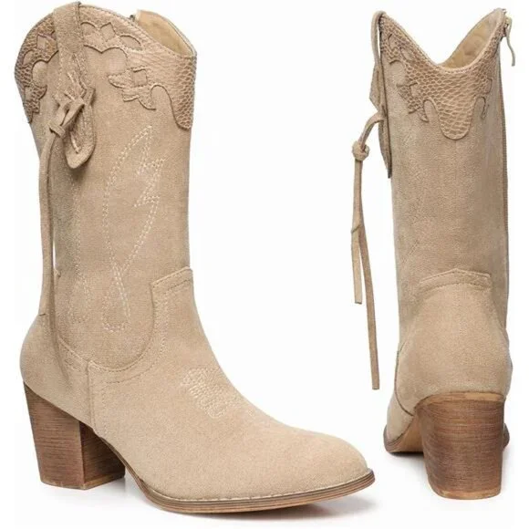 NEW Women's Western Suede Cowboy Boots - High Heel Mid Calf Zipper Booties - Picture 5 of 7